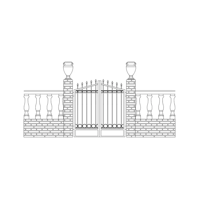 Double Metal Gate With Wall DWG CAD block thumbnail — outdoor drawing