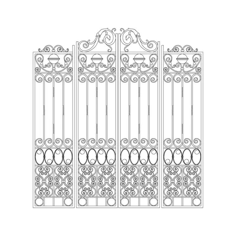 Ornamented Metal Gate DWG CAD block thumbnail — outdoor drawing